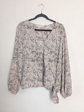 LOFT Faux Wrap Side Tie Blouse Paisley Print Long Sleeve Size Large